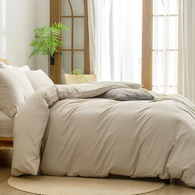BESTOUCH Duvet Cover Set 100% Washed Cotton Linen Feel Super Soft Comfortable Chic Lightweight 3 PCs Home Bedding Set Solid Almond Milk Grey Alaska King