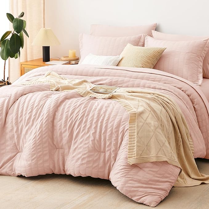 CozyLux Full Size Comforter Sets with Sheets 7 Pieces, Blush Pink Seersucker Bed in a Bag Textured Luxury Soft Bedding Sets with Down Alternative Comforter, Sheets, Pillowcases & Shams for All Seasons