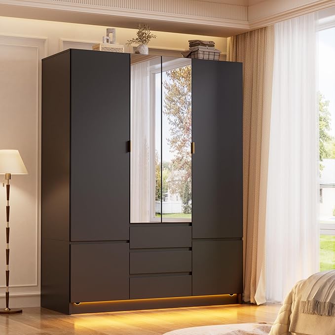 PAKASEPT 4 Doors Armoire Wardrobe Closet with Led Light & Mirror, Bedroom Large Capacity Freestanding Armoire Wardrobe with Drawers, Storage Cabinet with Hanging Rod Storage Closet for Bedroom