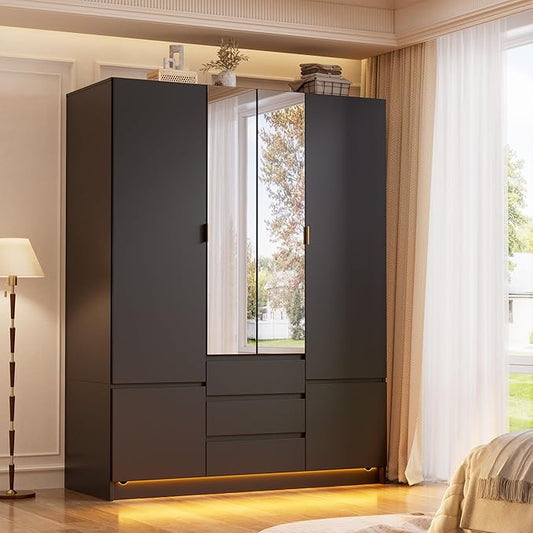 PAKASEPT 4 Doors Armoire Wardrobe Closet with Led Light & Mirror, Bedroom Large Capacity Freestanding Armoire Wardrobe with Drawers, Storage Cabinet with Hanging Rod Storage Closet for Bedroom