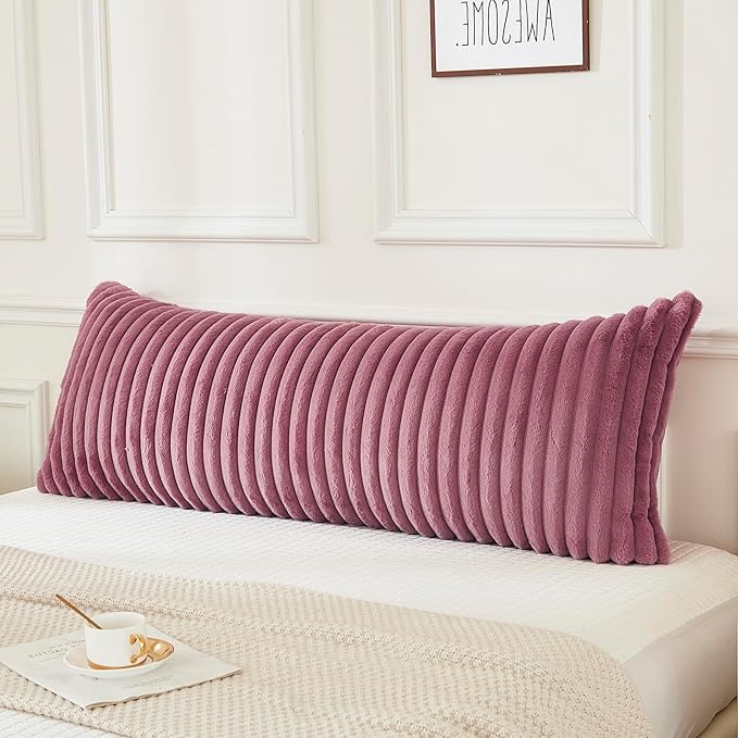 JAUXIO Faux Fur Fluffy Body Pillow Cover Luxury Textured Vertical Stripe Plush Decorative Body Pillowcase, Ultra Soft and Cozy Zipper Closure 21 x 54 Inches, Dusty Rose