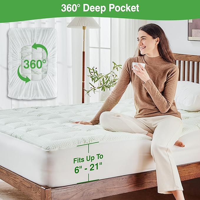 Twin Mattress Pad Cover, Viscose Made from Bamboo Pillow Top Cooling Mattress Topper for Twin Size Bed, 6-21 inches Deep Pocket, 39x75 inches