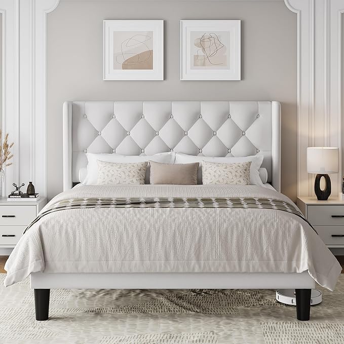 Einhomn Queen Size Platform Bed Frame with Velvet Upholstered Wingback Headboard, 10" Under Bed Space, Wooden & Metal Slats Support, No Box Spring Needed, White