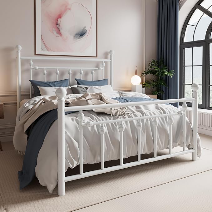 SHA CERLIN 14" Queen Size Metal Platform Bed Frame/Victorian Headboard and Footboard/Steel Slats Mattress Foundation for Storage/No Box Spring Needed/Noise Free/White