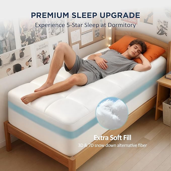 Dual Layer 4 Inch Memory Foam Twin XL Mattress Topper for College Dorm, 2 Inch Cooling Gel Memory Foam and 2 Inch Down Alternative Pillow Top Mattress Pad Cover 8-24 Inch Deep Pocket