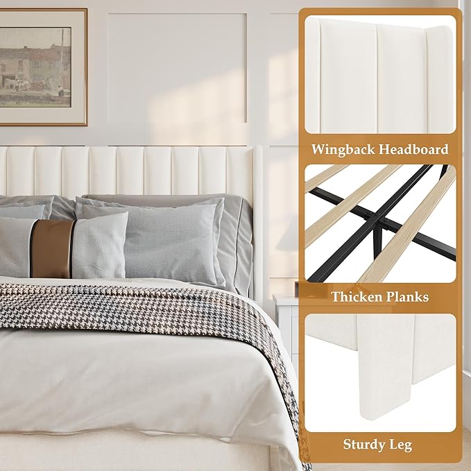 IDEALHOUSE Queen Bed Frame with Wingback Headboard, Velvet Upholstered Platform Bed with 2 Storage Drawers, Vertical Tufted Headboard Design, Wooden Slats Support, No Box Spring Needed, White