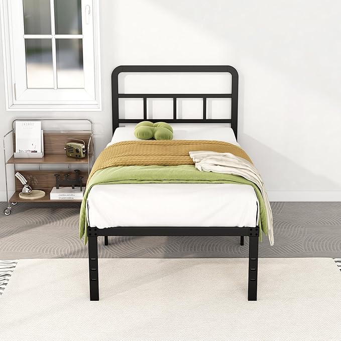 DiaOutro 18 Inch Twin XL Bed Frame with Headboard No Box Spring Needed Metal Platform Heavy Duty Steel Slat Mattress Foundation/Easy Assembly/Noise Free/Black
