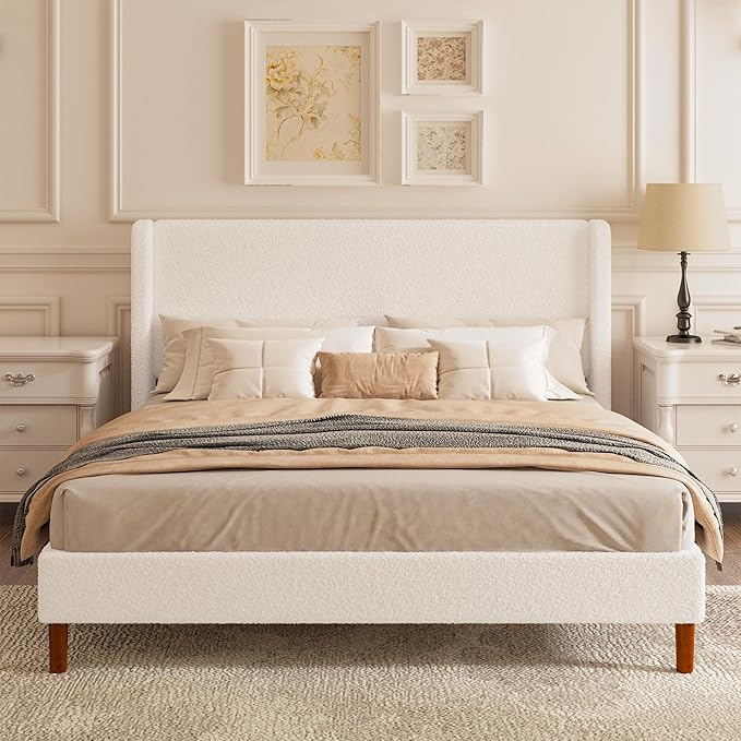 King Boucle Upholstered Platform Bed Frame with Adjustable Wingback Headboard, Cloud Bed with Solid Wood Legs, No Box Spring Needed, Easy Assembly, White