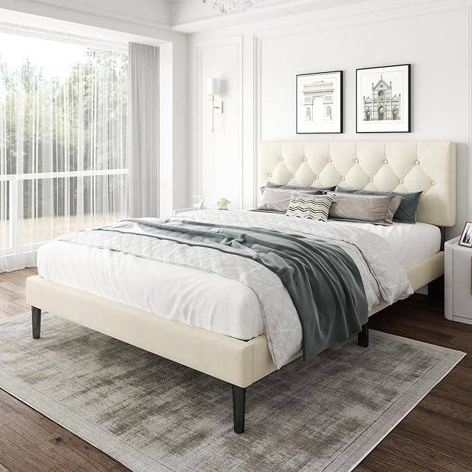 CXVX Queen Size Platform Bed Frame with Upholstered Headboard, Button Tufted Design, Strong Wooden Slats, No Box Spring Needed, Easy Assembly, Noise Free