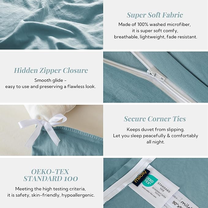MILDLY Super Soft Duvet Cover - 100% Washed Microfiber Grayish Blue Comforter Cover Set 3 Pieces with Zipper Closure & Corner Ties (No Comforter)