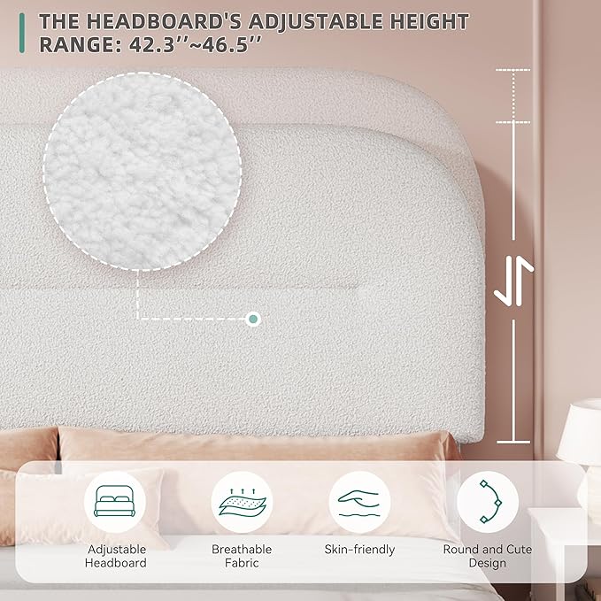 YITAHOME Queen Size Boucle Bed Frame, Upholstered Platform Bed Frame with Headboard, Modern Style, Soft Rounded Corners with Thickened Footboard, No Box Spring Needed, Easy Assembly, White