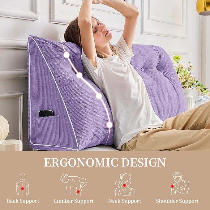 Sasttie Headboard Pillow King, Wedge Pillow Headboard for Sitting Up in Bed, Back-Rest Support Triangular Cushion for Reading - Features Removable Washable Cover, Purple