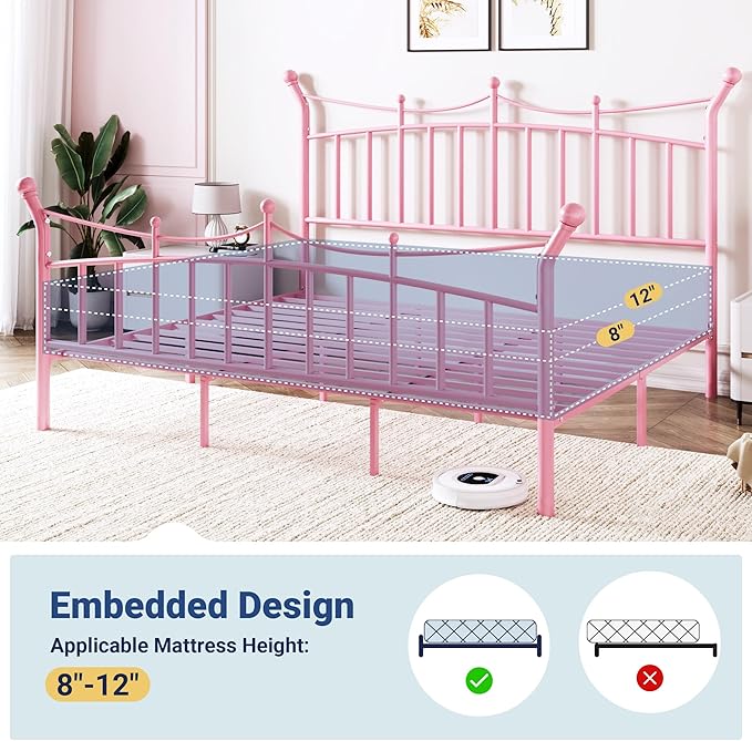 Allewie 14 Inches King Size Metal Platform Bed Frame with Elegant Crown Iron-Art Headboard & Footboard, Sturdy Mattress Foundation with Under-Bed Storage, Easy Assembly, No Box Spring Needed, Pink