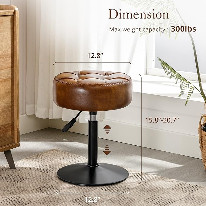 LUE BONA Adjustable Vanity Stool, 360°Swivel Vanity Chair for Makeup Room, Brown Stool Chair for Vanity, Small Faux Leather Vanity Stools for Bathroom, Living Room
