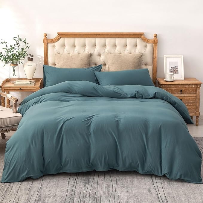 PURE ERA Jersey Knit Duvet Cover Set 100% T-Shirt Cotton Super Soft Comfy 3pc Bedding Set with Zipper Closure (Solid Cerulean Blue, Queen)
