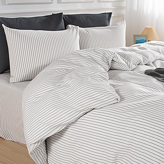 NEXHOME PRO Striped Duvet Cover Oversized Queen,100% Washed Cotton Bedding Set,Textured Linen Feel,Breathable,Organic,3 Piece(Grey Stripes 98x98)