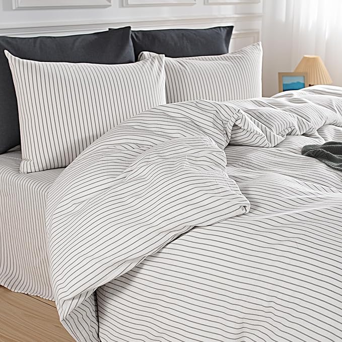 NEXHOME PRO Striped Duvet Cover Super King,100% Washed Cotton Bedding Set,Textured Linen Feel,Breathable,Organic,3 Piece(Grey Stripes 108x98)