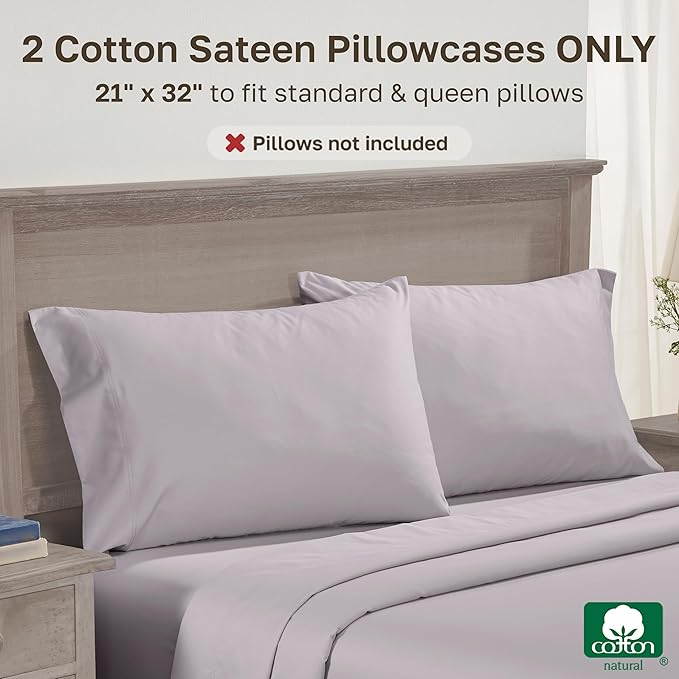 Luxuriously Soft Premium 600 Thread Count, 100% Cotton Set of 2 Cases, Crisp Pillows Cases Queen Size Set of 2 Fits Standard & Queen Pillows (Lavender)