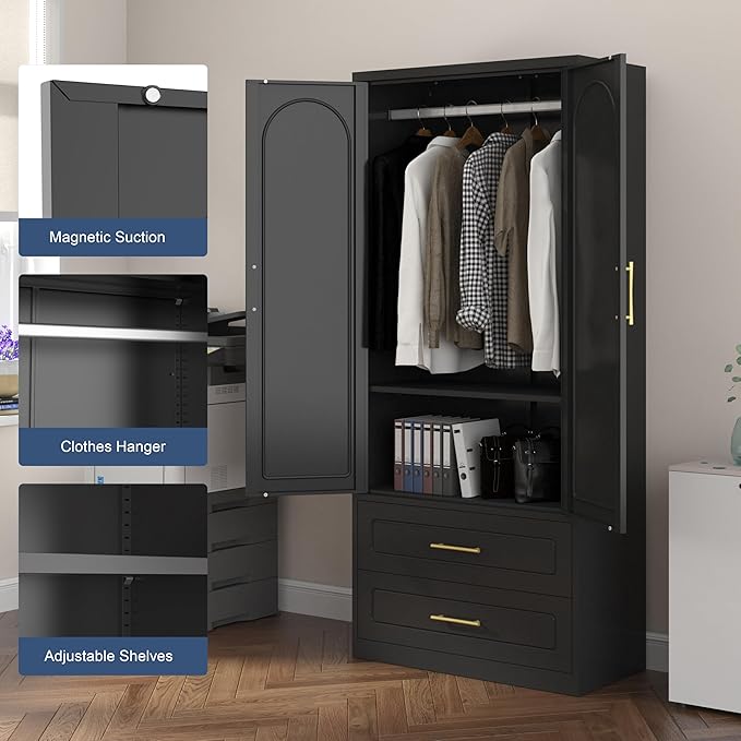 Metal Wardrobe Cabinets with Drawers,Black Armoire Wardrobe Closet with Hanging Rod,Clothes Storage Cabinet with Adjustable Shelves and Doors,Clothing Cabinet for Bedroom, Office, Laundry Room