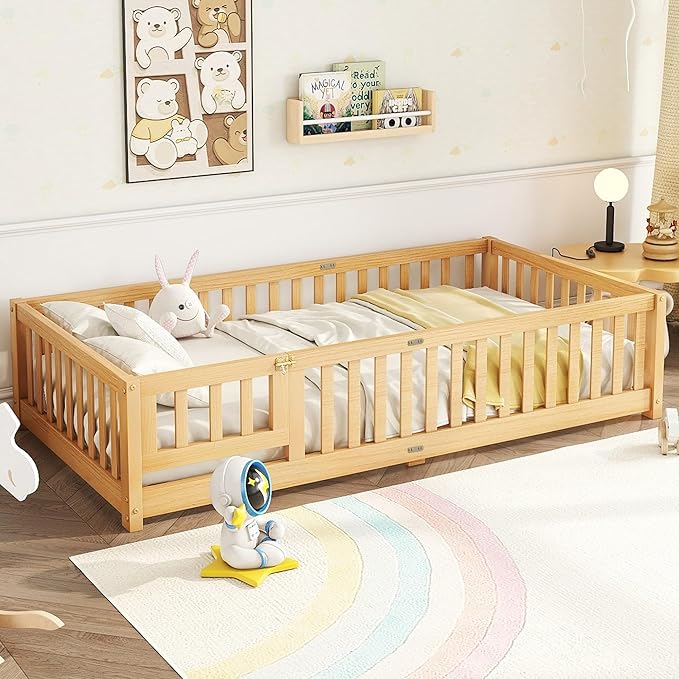 Bellemave Twin Floor Bed with Slats and Door, Twin Size Montessori Floor Bed with Fence and Door, Easy Assemble Montessori Beds Frame for Girls, Boys, Natural
