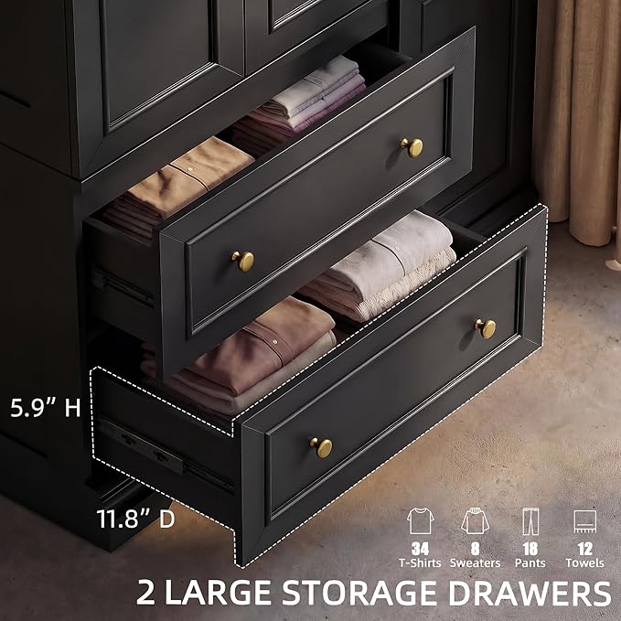 YESHOMY Armoire Wardrobe Closet with Drawers, 70.9" H x 21.1" D Wooden Closet with Hanging Rod, Fixed Shelves & Bottom Cabinet, Soft-Close Doors, Ball-Bearing Slides (Black)
