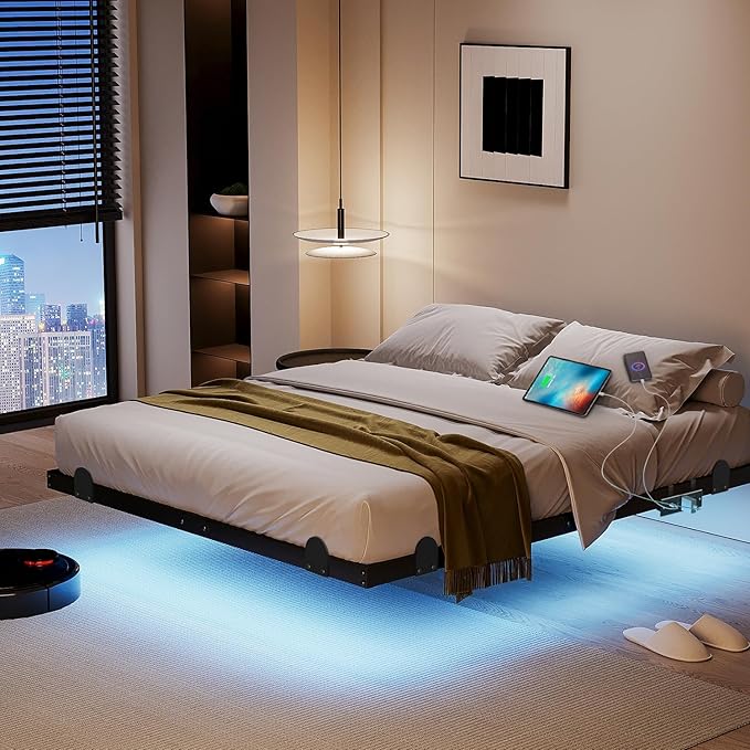 qimamo 10 Inch Floating Queen Bed Frame with Smart LED Lights and Charging Station, Modern Metal Queen Bed Frame, Easy to Assemble, No Box Spring Needed (Queen)