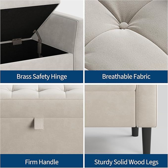 Garvee 46.5 in Storage Ottoman Bench – Upholstered End-of-Bed Storage Chest with Rolled Armrests & Wood Legs, Entryway Shoe Bench and Footrest Seat for Hallway, Bedroom & Living Room （Beige）