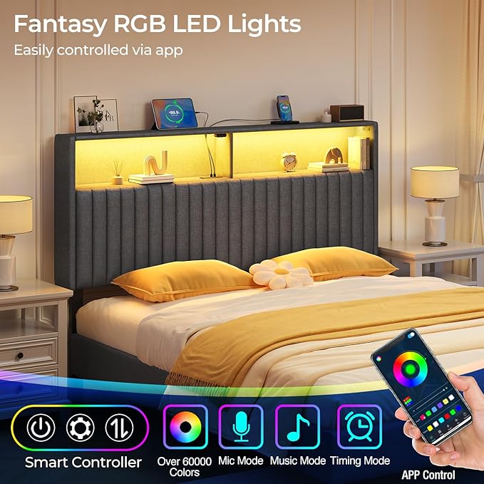 Rolanstar Headboard for Queen Size Bed with Storage, Head Board with USB & Type C Port, 60,000 DIY Color of LED Light, Velvet Upholstered, Height Adjustable, Sturdy, Easy Assembly, Grey