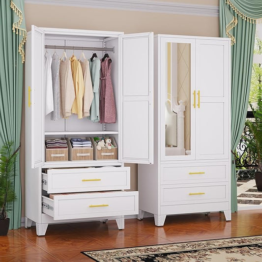 GAIOUS Steel Armoire Wardrobe Closet with Mirror, 71" Metal Clothes Storage Cabinets with 2 Doors, 1 Adjustable Shelf, 2 Drawers, Metal Wardrobe Cabinet with Hanging Rod for Bedroom, Gym, Cloak(White)