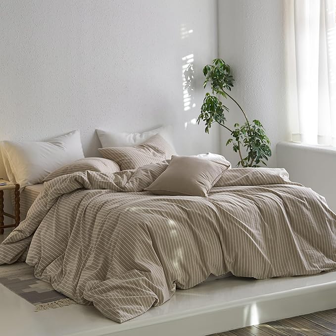 MooMee Striped Duvet Cover Set 100% Washed Cotton Linen Like Textured Breathable Durable Soft Comfy (Tannish Linen Grey White Wide Stripes, Super King Plus 120"x120")