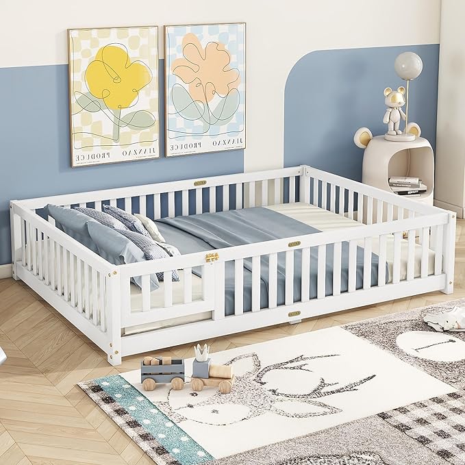 Bellemave Full Size Floor Bed with Slats and Safety Guardrail, Full Size Montessori Floor Bed with Fence and Door, Easy Assemble Montessori Beds for Kids, Girls, Boys, White
