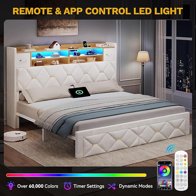 YITAHOME King Size Bed Frame with 2 Storage Drawers and Storage Headboard, Upholstered Platform with Charging Station and LED Light, No Box Spring Needed, Noise Free, Easy Assembly, Velvet White