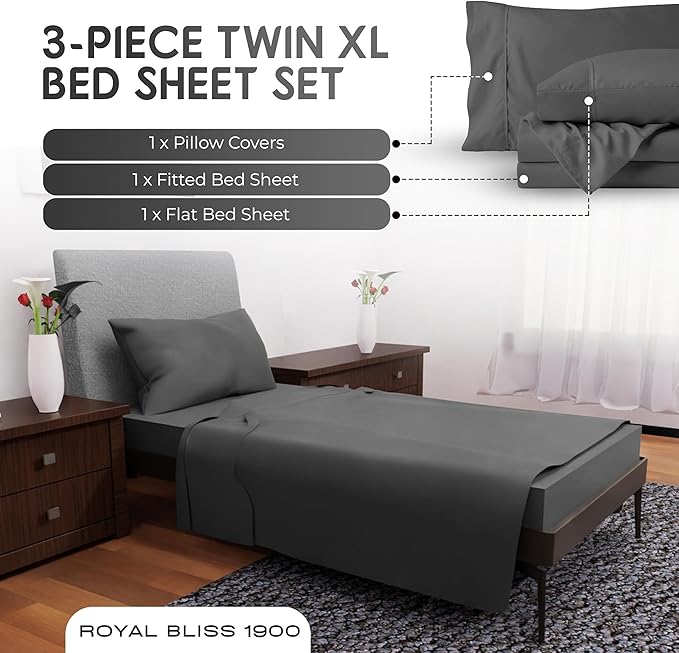 Twin XL Sheet Sets - 3 Pcs Set - Fade Resistant Double Brushed Microfiber Deep Pocket Sheets, Cooling Sheets, Dark Grey