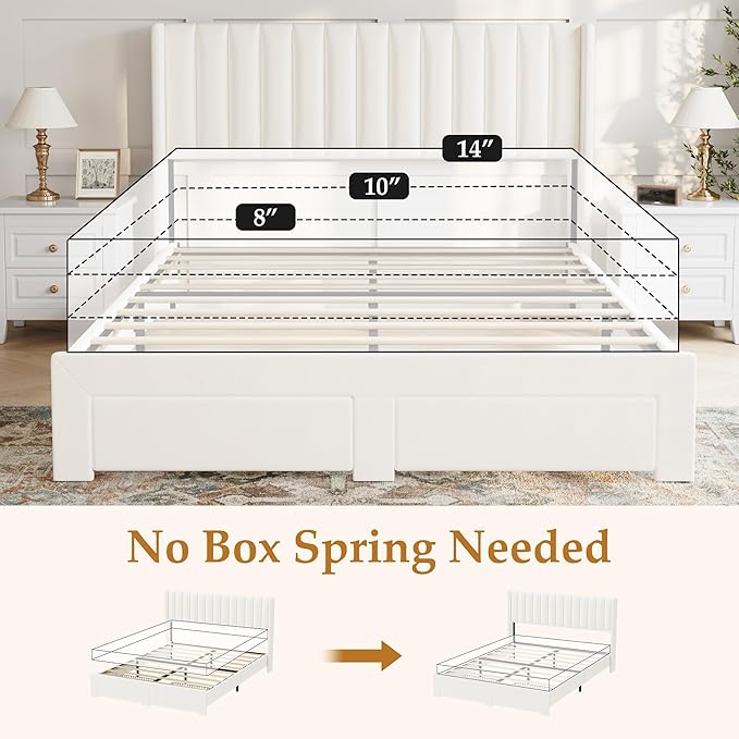 GarveeHome Queen Size Bed Frame, Bed Frame Upholstered Platform Bed with Velvet Headboard, Wing Edge Design, 2 Storage Drawers, No Box Spring Needed, White