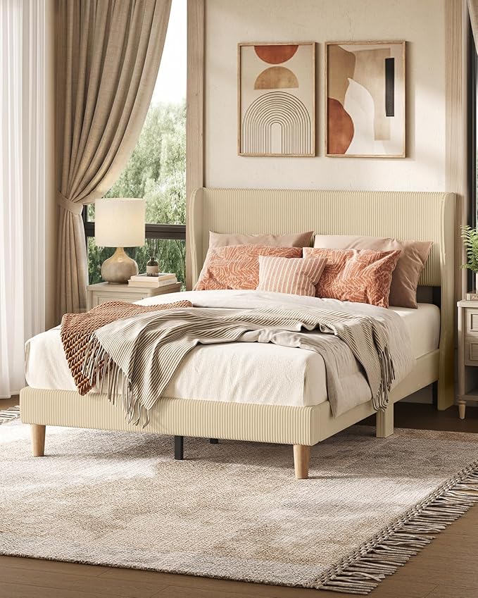 Bestier Full Bed Frame with Wingback Headboard,Upholstered Platform Full Size Bed with Strong Wooden Slats,No Box Spring Needed,Never Squeaks,Easy Assembly,Taupe