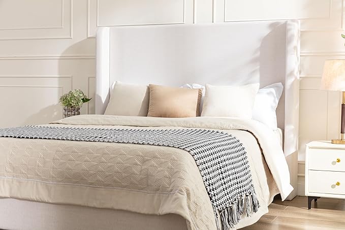 GDFStudio Tall Headboard Upholstered Bed,King Size Platform Bed Frame with Headboard Wingback,54" High No Box Spring Needed Easy Assembly Elegant Simplicity Textured Ivory Canvas