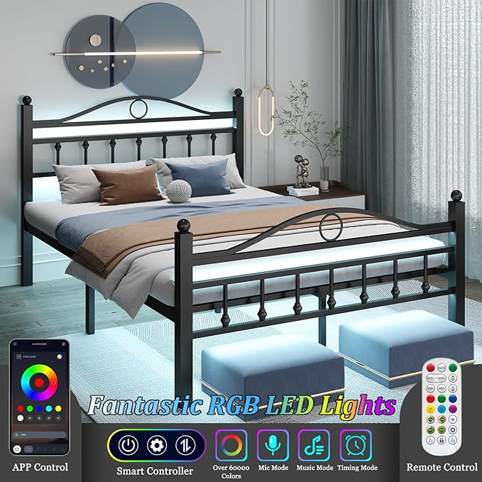 Jenmit Queen Size Bed Frame with Headboard, Metal Platform Bed Frame with Charging Station & LED Lights, Storage Space Under Bed, No Box Spring Needed, Noise Free, Easy Assembly, Black