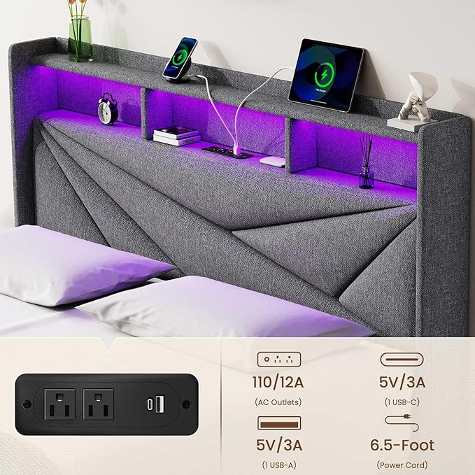 Driftalia LED Queen Bed Frame with 2 Storage Drawers, Upholstered Bed Frame Queen Size with Headboard and Charging Station, No Box Spring Needed, Easy to Assembly-Light Grey