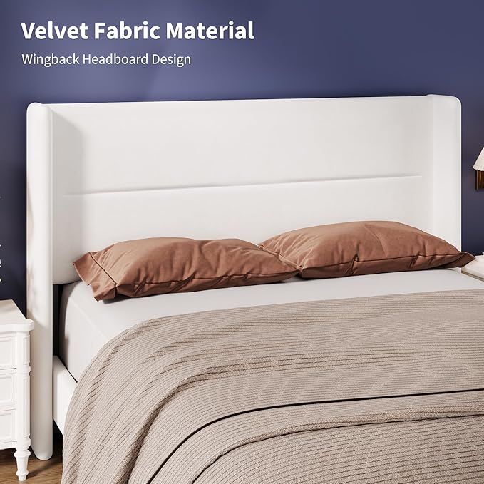 Garvee Queen Size Bed Frame with Wingback Headboard, Velvet Upholstered Platform Bedframe with Wood Slats, No Box Spring Needed, Easy Assembly, White