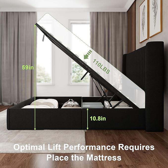 Feonase Queen Size Lift Up Storage Bed Frame, Linen Upholstered Platform Bed with Wingback Headboard, Hydraulic Storage, No Box Spring Needed, Black