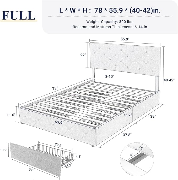 Allewie Upholstered Full Size Platform Bed Frame with 4 Storage Drawers and Headboard, Diamond Stitched Button Tufted, Mattress Foundation with Wooden Slats Support, No Box Spring Needed, Black