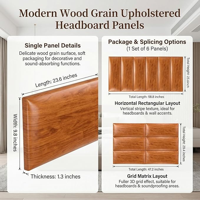 Xuhal 6 Pack 23.6'' x 9.8'' Full-Size Peel and Stick Headboard for Twin Rustic Wood Pattern Self-Adhesive Wall Panels Stick on 3D Soundproof Wall Mount Bed Headboard for Bedroom Playroom