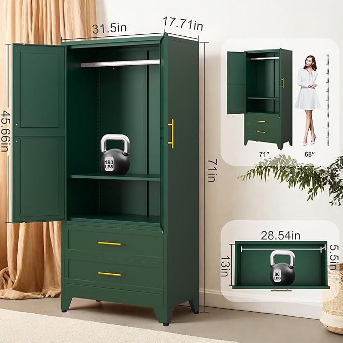 GAIOUS 71" Metal Wardrobe Cabinet with 2 Doors, 1 Adjustable Shelf and 2 Drawers, Metal Clothing Storage Cabinets with Hanging Rod, Armoire Wardrobe Closet for Bedroom, Cloak Room, Gym (Green)