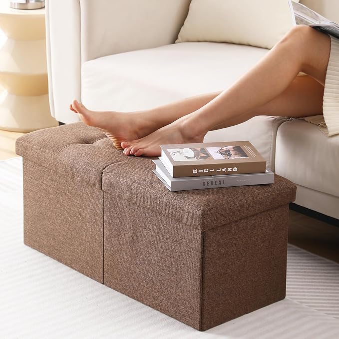 Storage Ottoman Bench Foldable Seat Footrest Shoe Bench End of Bed Storage with Flipping Lid, 75L Storage Space, 30 inches Linen Fabric Brown