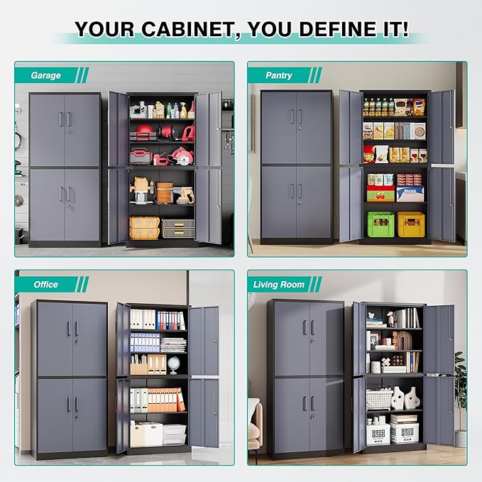 SISESOL Metal Storage Cabinets with Doors and Shelves,71" Metal Garage Storage Cabinet with Lock,Gray Steel Cabinet with Locking Doors,4 Door Lockable Storage Cabinets for Garage,Home,Office