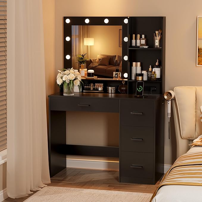 Furmax Vanity Desk with LED Lighted Mirror&Power Outlet, 39.3’’ Makeup Vanity Table with 4 Drawers and 3 Storage Shelves, Adjustable 3 Lighting Colorfor Bedroom&Dressing Room (Black)