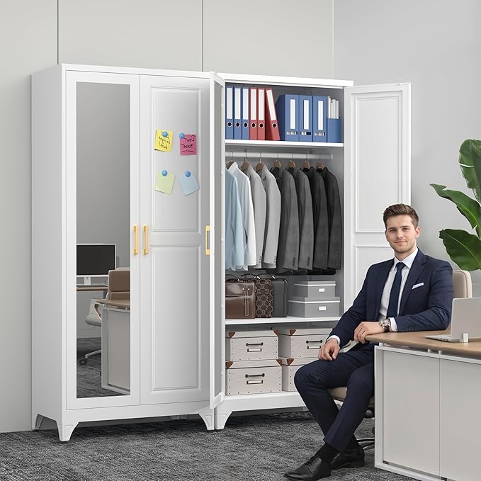 Polup Metal Armoire Wardrobe Closet with Mirror, 71" Tall Steel Clothing Storage Cabinet with 2 Doors, Hanging Rod and Adjustable Shelves, Freestanding Clothes Organizer for Bedroom, Office, White