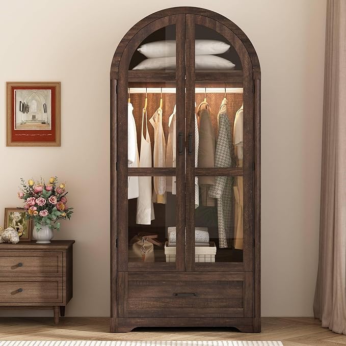 chartustriable 2 Doors Arched Armoire Wardrobe Closet w/Drawers,LED Light,Wooden Closet Wardrobe Cabinet with Hanging Rod for Bedroom,Modern Armoire Storage Cabinet w/Shelf,Rustic Brown