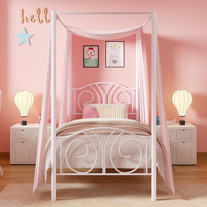 VECELO Metal Canopy Bed Frame Twin Size, 4 Posters Platform Mattress Foundation with Headboard, Heavy Duty Steel Slats Support, No Box Spring Needed, Pure White