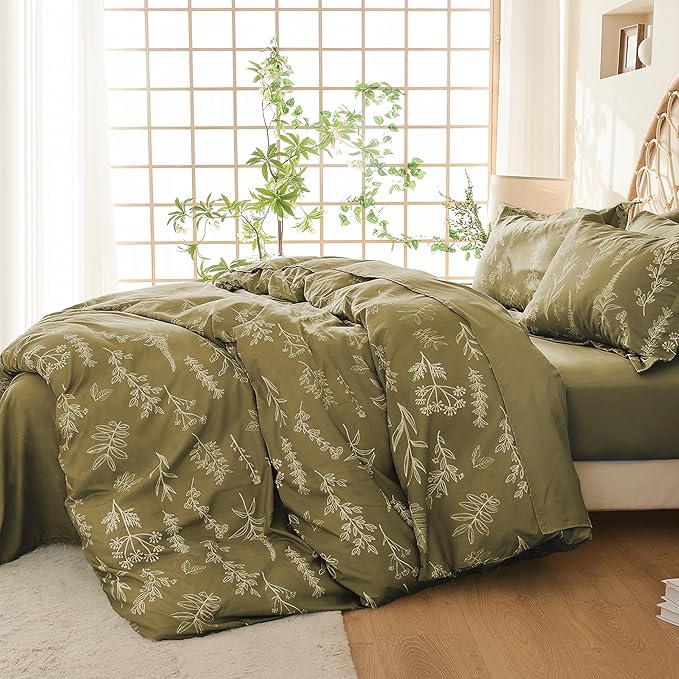 MUXHOMO Duvet Cover Queen Size, Reversible Floral Olive Green Duvet Cover Set with Zipper Closure, 3 Pieces Botanical Patterns Soft Microfiber Bedding Set with 4 Ties (90"x90", 2 Pillow Cases)